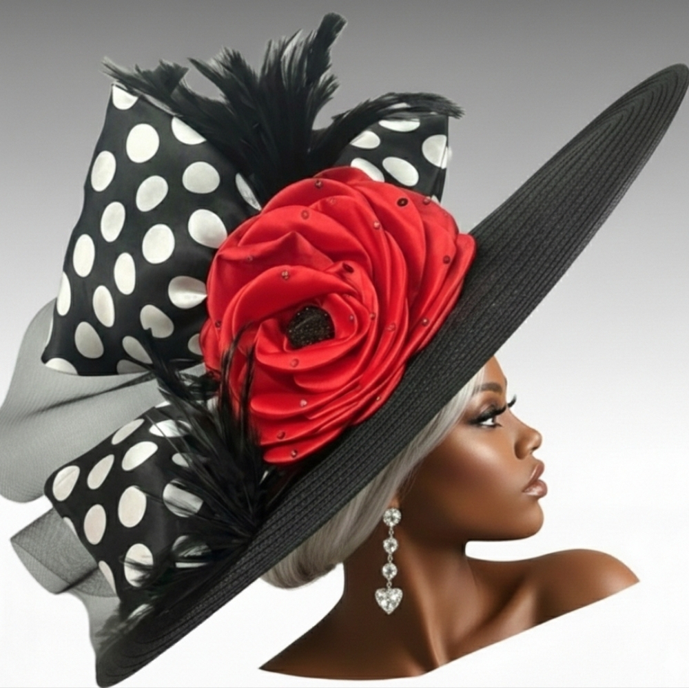 Stunning Big Wide Brim  Black and Red Polka Dot Women's Couture Hat